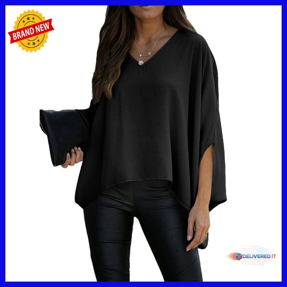 Soft Batwing Sleeve V-Neck Tunic Top - Loose Fit Pullover Blouse